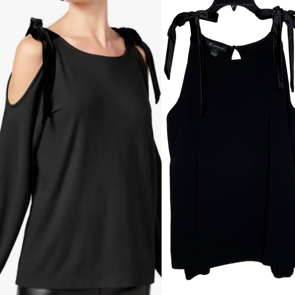 INC-International Concepts black cold shoulder top with shoulder tie. Size M